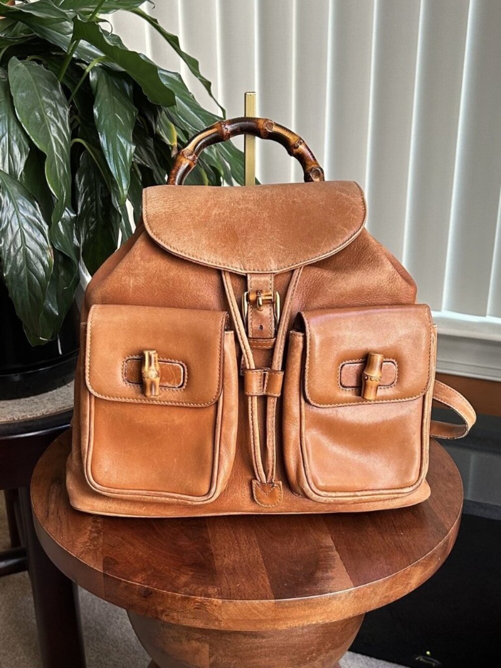 GUCCI Calfskin Bamboo Backpack, British Tan